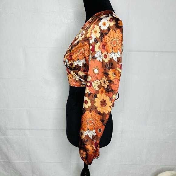Le Lis Satin Deep V Cropped Blouse Sz S Floral Orange Brown Back-Zip Tie - Picture 5 of 8